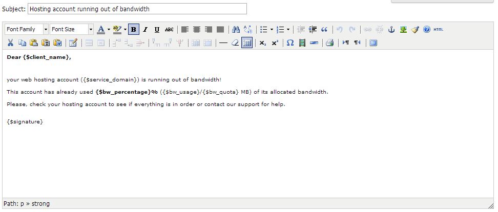 Customisable email template for quota warnings